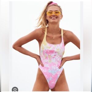 Solid and striped x redone tie dye one piece 80s style bathing suit